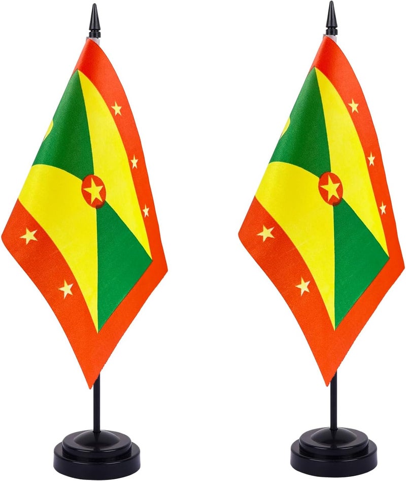 WXTWK 2 Pack Grenada Flag Grenada Deluxe Desk Flag Set - Mini Small Grenada Table Office Flags with Black 12" Solid Pole Stand Base Classroom Meeting Desktop Decorations - Image 1